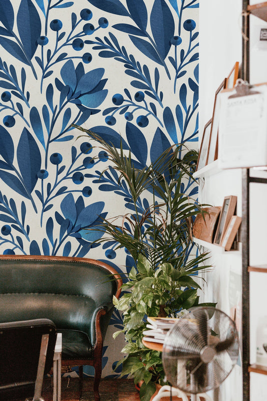 Boho Blueberries | Removable Wallpaper | Scandinavian Wallpaper | Temporary Wallpaper | Peel and Stick Wallpaper