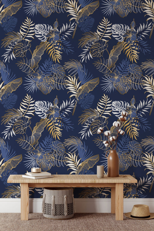 Metallic Leaves Wallpaper | Removable Wallpaper | Peel and Stick Wallpaper | Wall Paper | Wall Mural