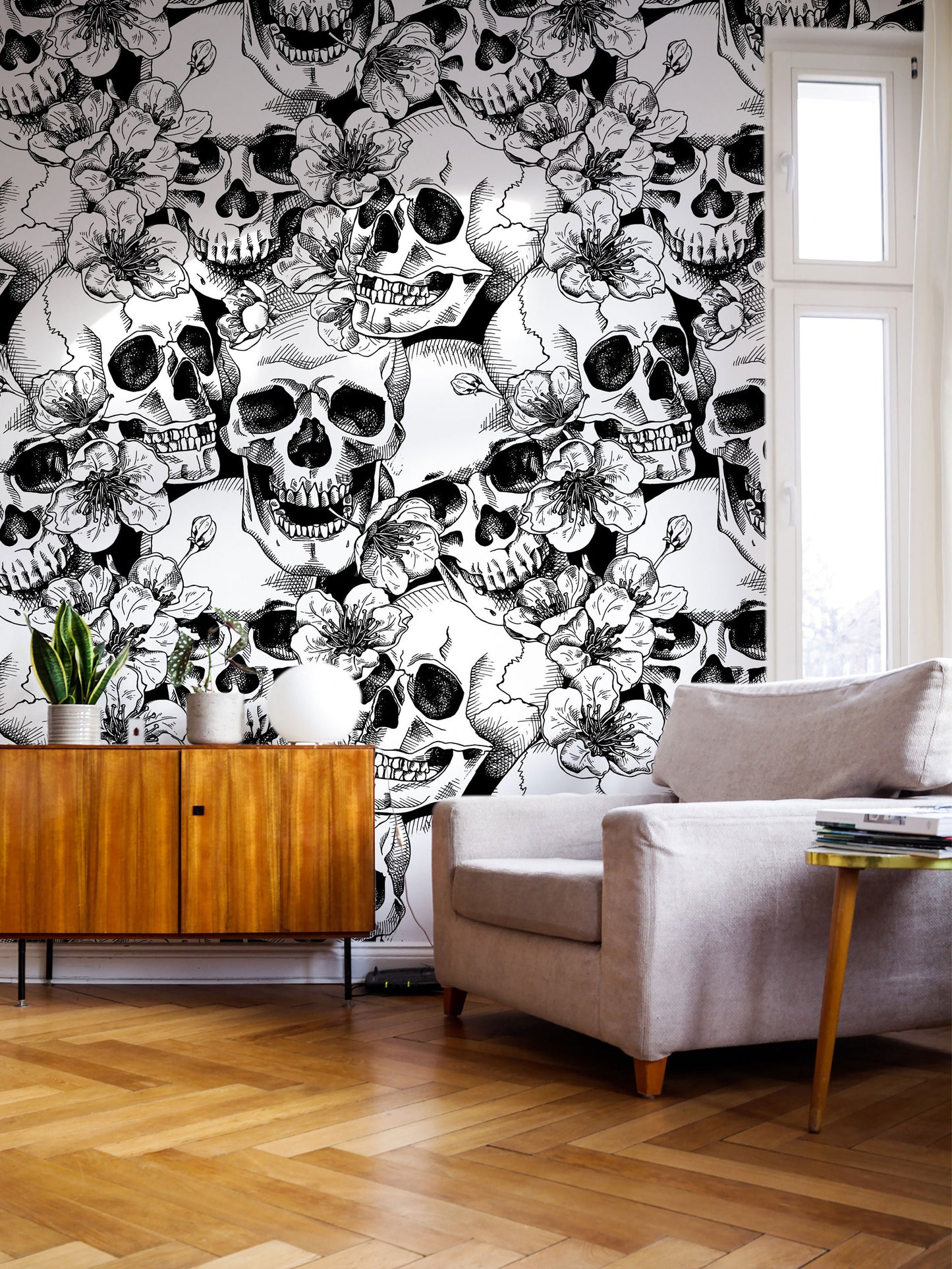 Skull and Cherry Flowers | Wall Hanging | Peel and Stick Wallpaper | Removable Wallpaper | Wall Decor | Home Decor | Wall Art Printable