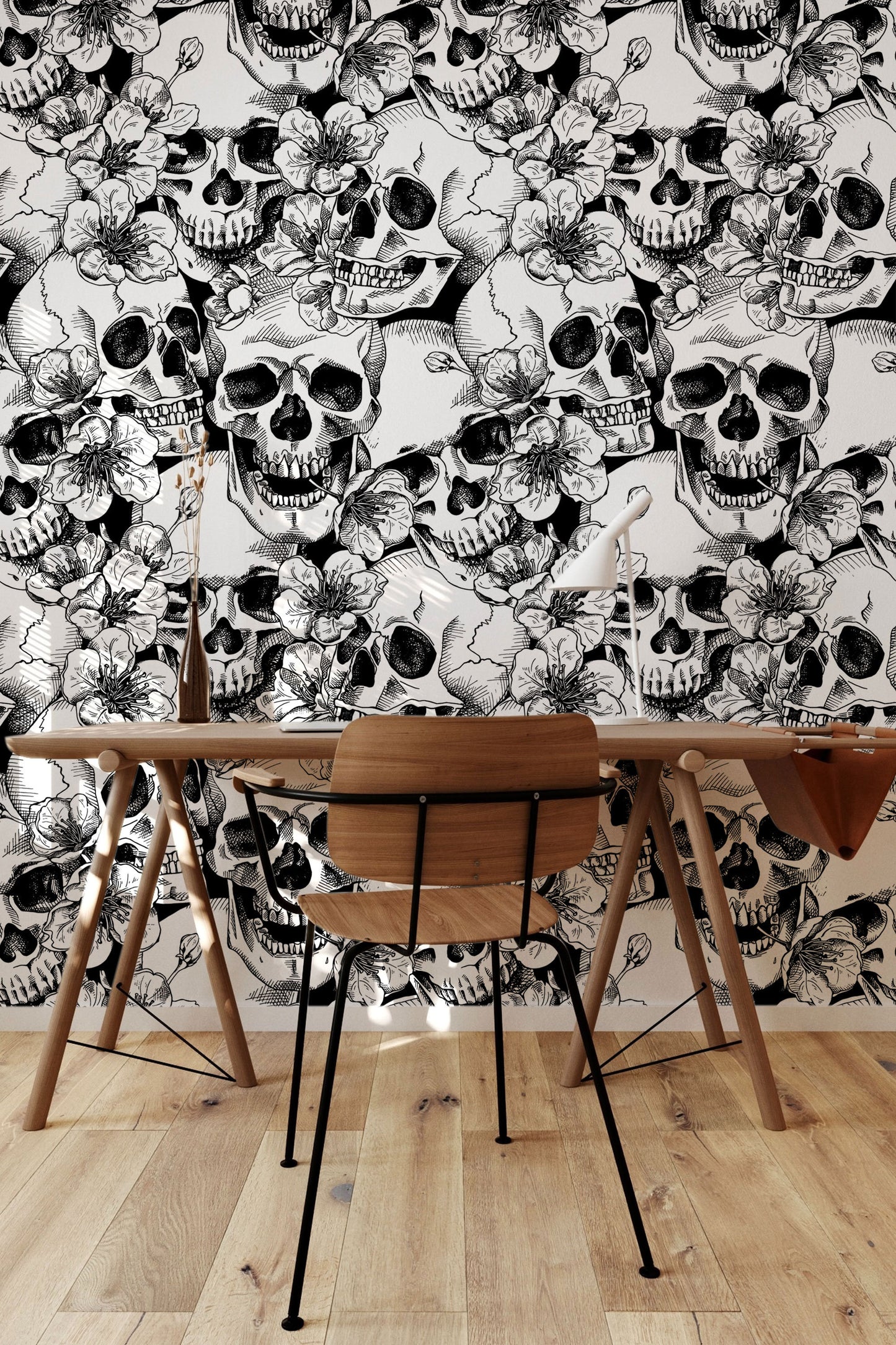 Skull and Cherry Flowers | Wall Hanging | Peel and Stick Wallpaper | Removable Wallpaper | Wall Decor | Home Decor | Wall Art Printable