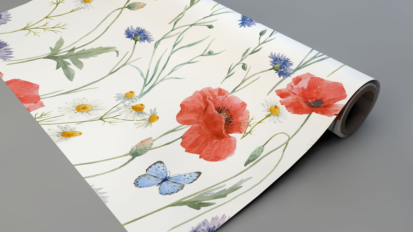 Poppy Wild Field | Removable Wallpaper | Scandinavian Wallpaper | Temporary Wallpaper | Peel and Stick Wallpaper