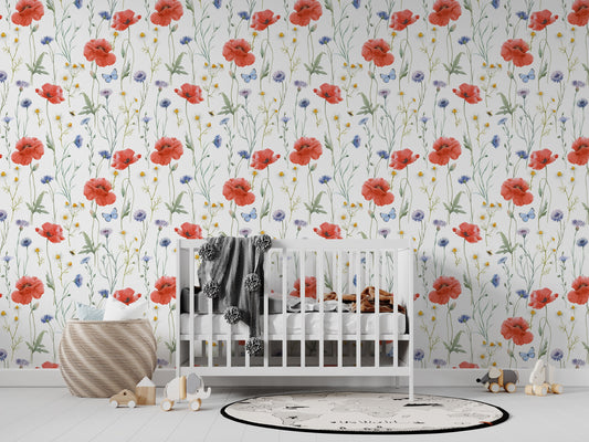 Poppy Wild Field | Removable Wallpaper | Scandinavian Wallpaper | Temporary Wallpaper | Peel and Stick Wallpaper