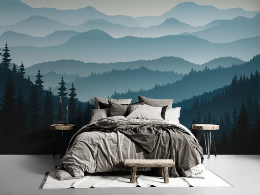 Mountain Mural, Misty Mountain Wallpaper Foggy Mountain Silhouette Wall Mural Blue Ombre Wall Decal Hill Wall Covering Wallpaper