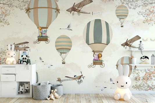 Flying Hot Air Balloons Wallpaper, Wall Mural, Peel and Stick, Self Adhesive, Wall Covering by Bella Stampa Studio