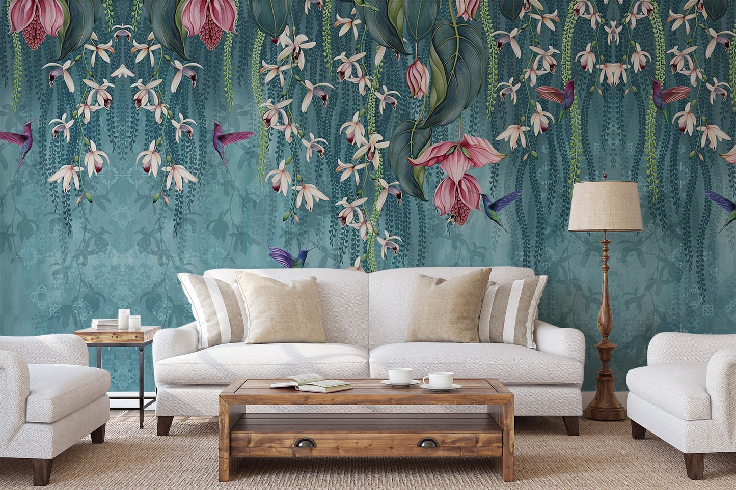 Concrete Wall With Tropical Wallpaper, Wall Mural, Peel and Stick, Self Adhesive, Wall Covering by Bella Stampa Studio