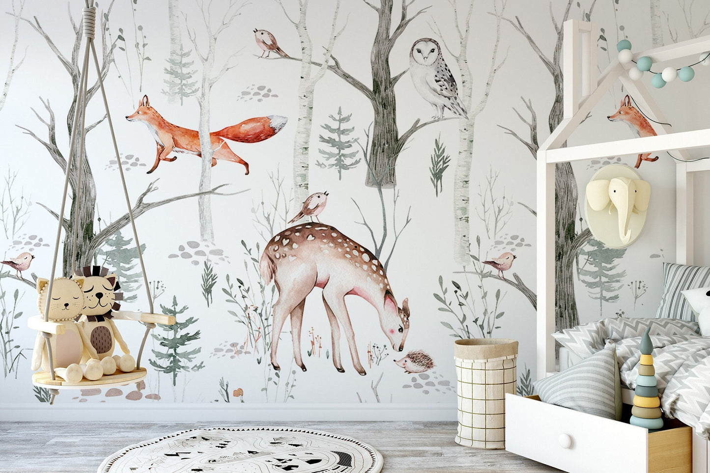 Watercolor Playful Forest Wallpaper, Wall Mural, Peel and Stick, Self Adhesive, Wall Covering by Bella Stampa Studio