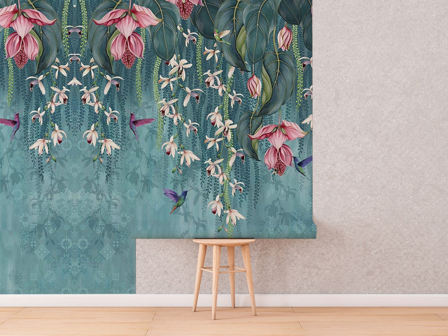 Concrete Wall With Tropical Wallpaper, Wall Mural, Peel and Stick, Self Adhesive, Wall Covering by Bella Stampa Studio