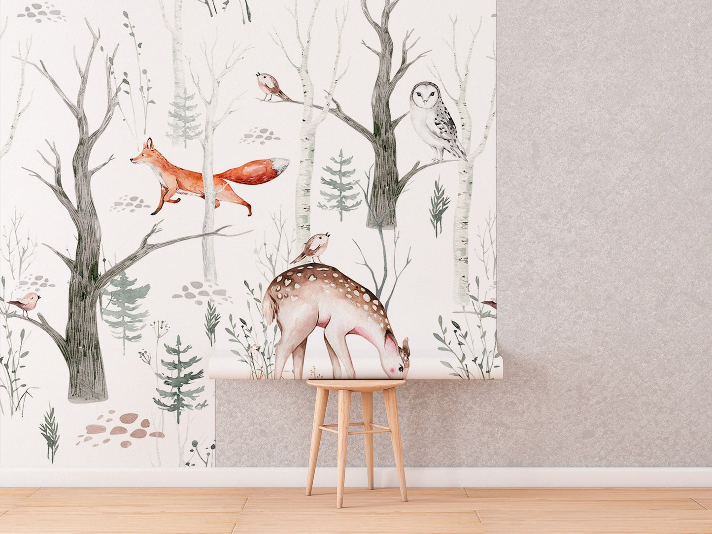 Watercolor Playful Forest Wallpaper, Wall Mural, Peel and Stick, Self Adhesive, Wall Covering by Bella Stampa Studio