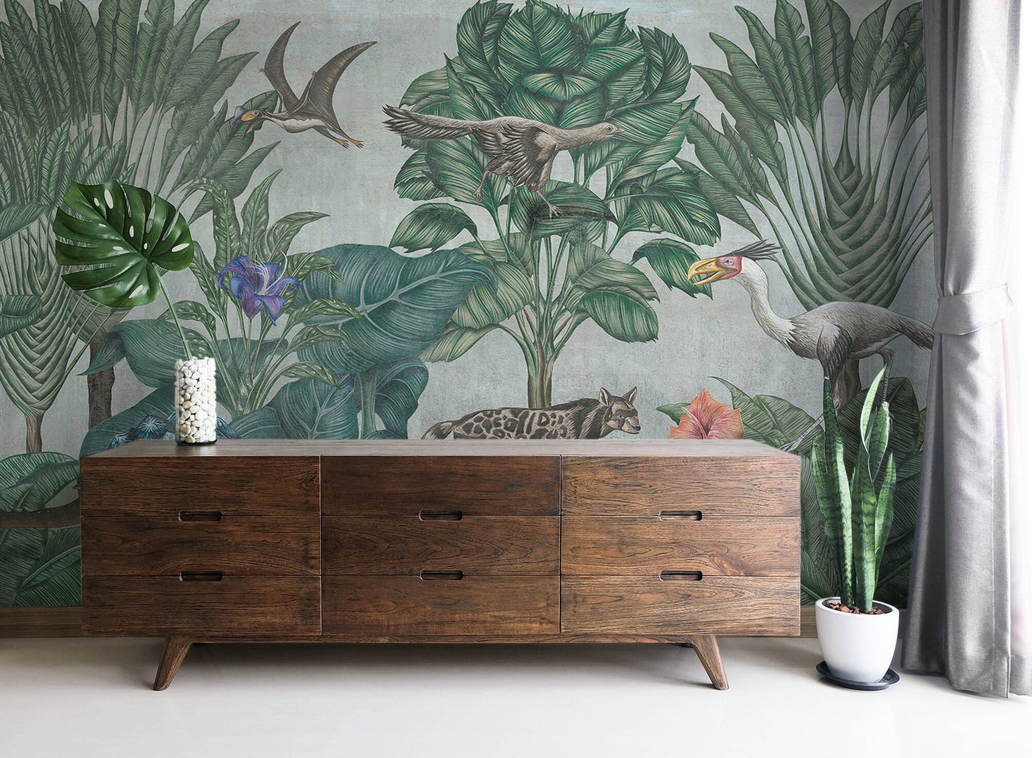 Tropical Trees And Animals Wallpaper, Wall Mural, Peel and Stick, Self Adhesive, Wall Covering by Bella Stampa Studio