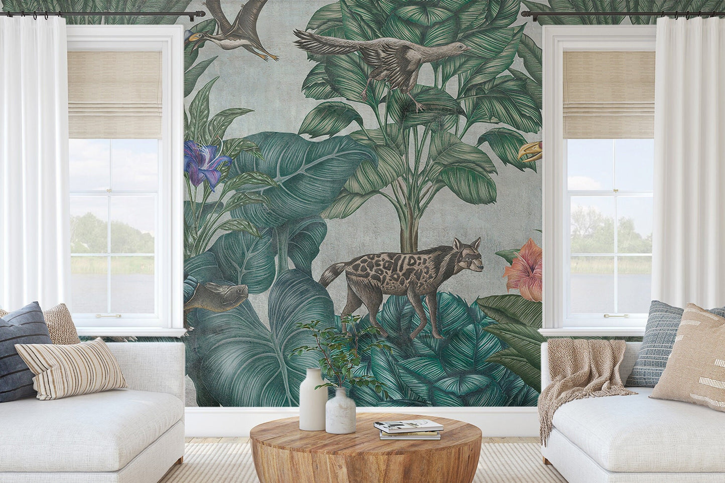 Tropical Trees And Animals Wallpaper, Wall Mural, Peel and Stick, Self Adhesive, Wall Covering by Bella Stampa Studio