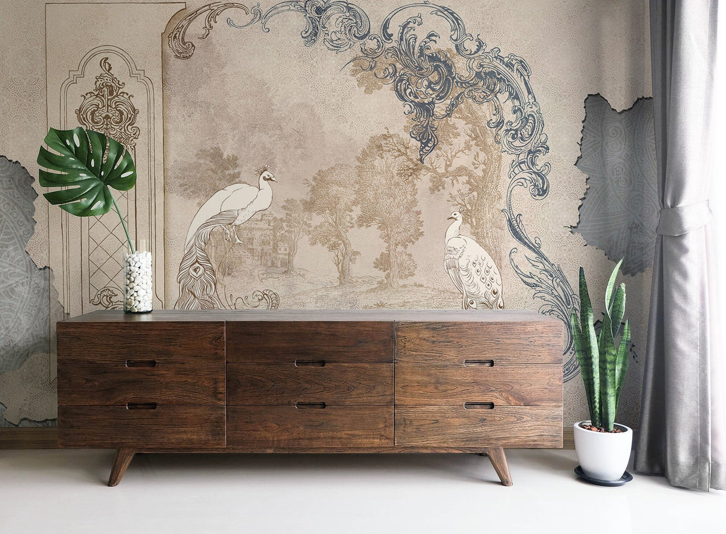 Abstract Peacock  Wallpaper, Wall Mural, Peel and Stick, Self Adhesive, Wall Covering by Bella Stampa Studio