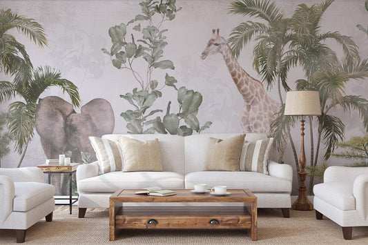 Safari Animals In Tropical Forest Wallpaper, Wall Mural, Peel and Stick, Self Adhesive, Wall Covering by Bella Stampa Studio