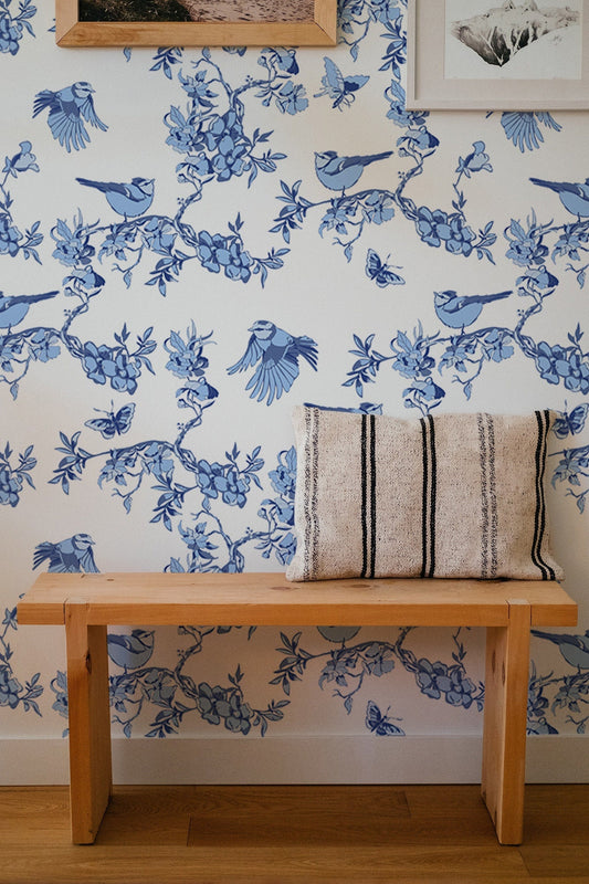 Blue Birds And Flowers Wallpaper, Wall Mural, Peel and Stick, Self Adhesive, Wall Covering by Bella Stampa Studio