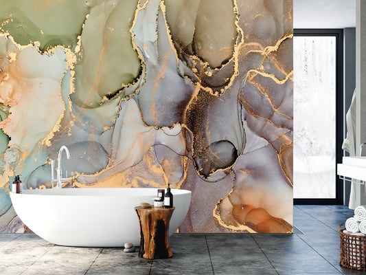 Peel and Stick Marble Wallpaper | Abstract Gold Details | Artistic Wall Mural