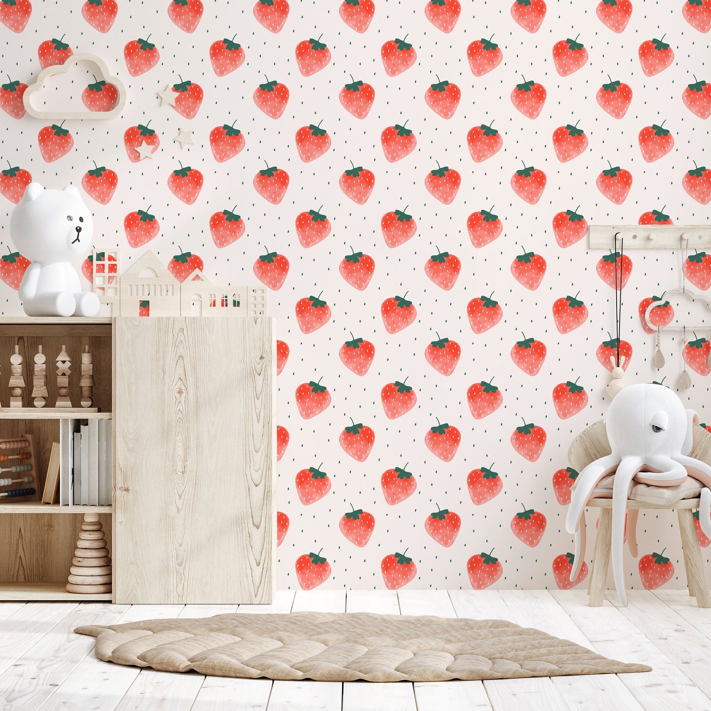 Watercolor Strawberry Wallpaper | Fruit Peel and Stick Wall Mural | Kids Room Wallpaper