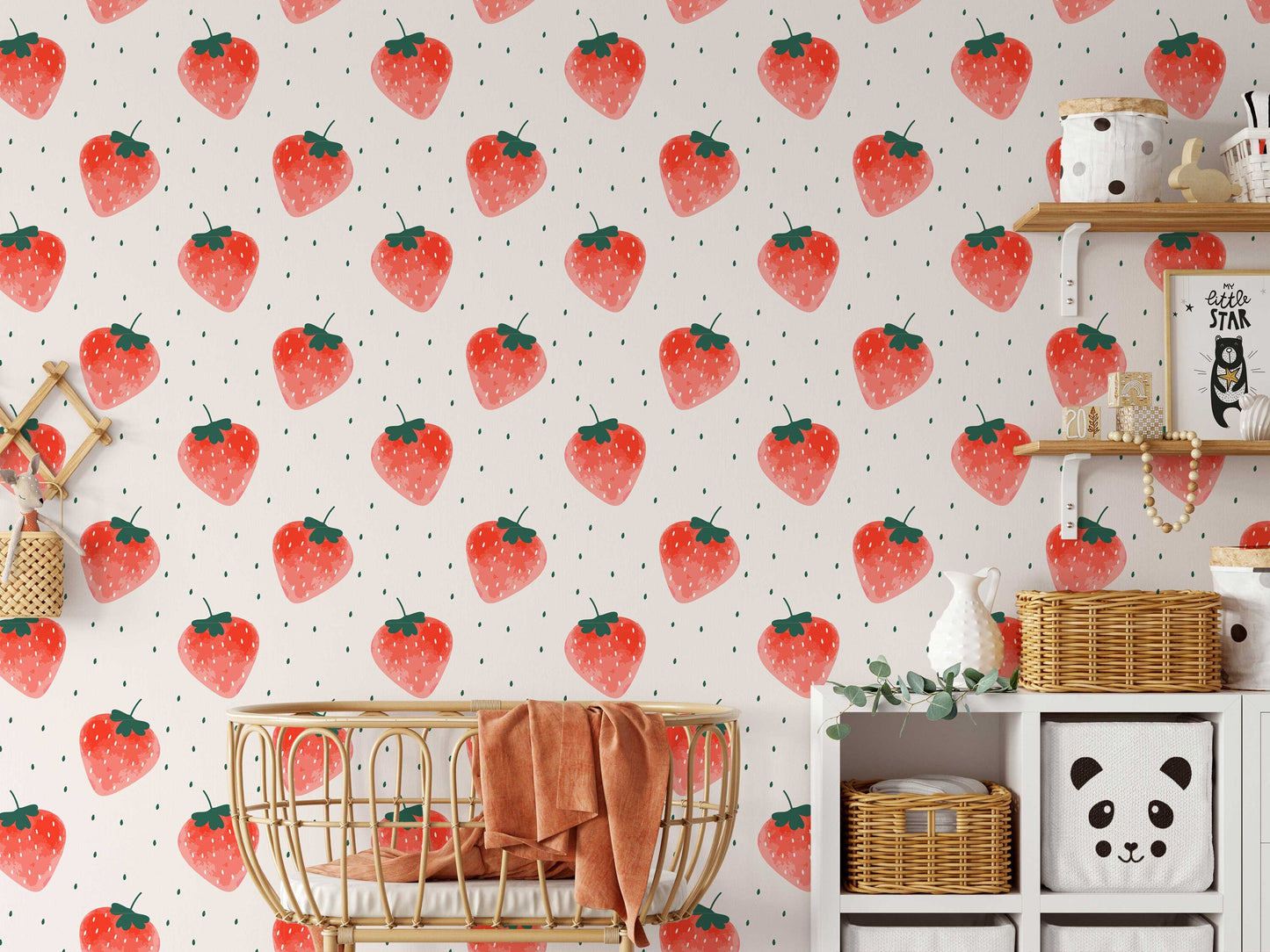 Watercolor Strawberry Wallpaper | Fruit Peel and Stick Wall Mural | Kids Room Wallpaper