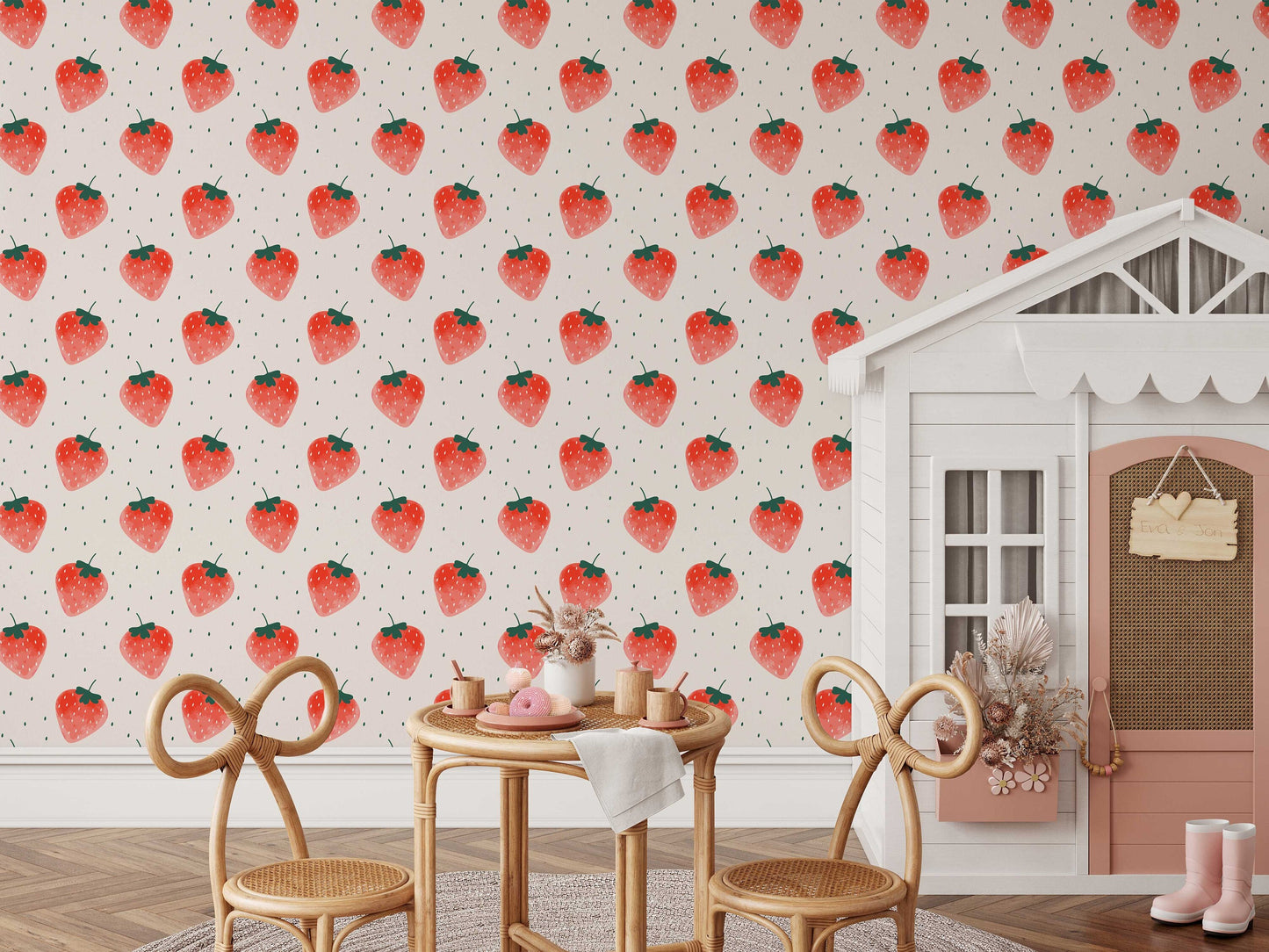 Watercolor Strawberry Wallpaper | Fruit Peel and Stick Wall Mural | Kids Room Wallpaper