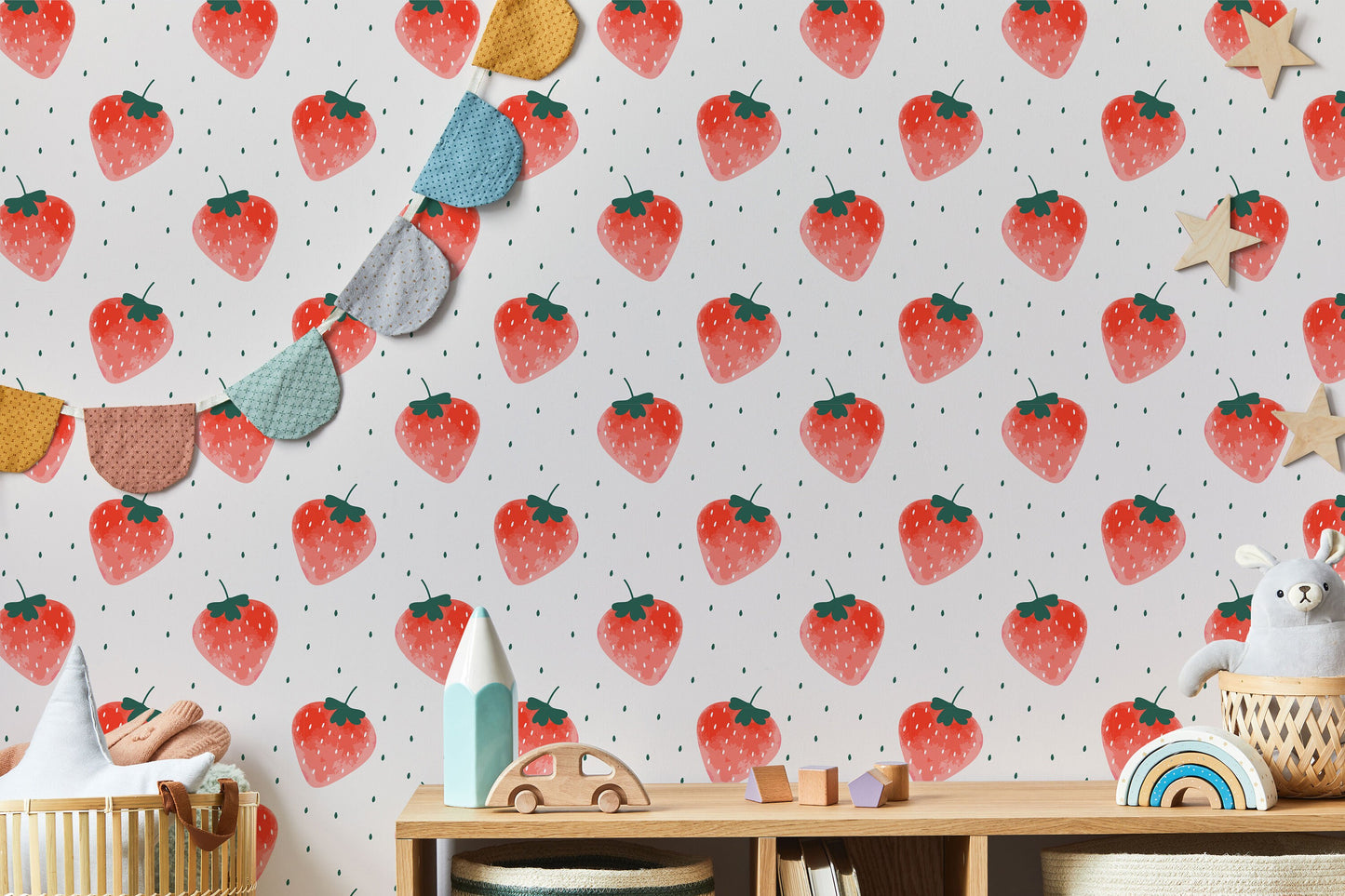 Watercolor Strawberry Wallpaper | Fruit Peel and Stick Wall Mural | Kids Room Wallpaper