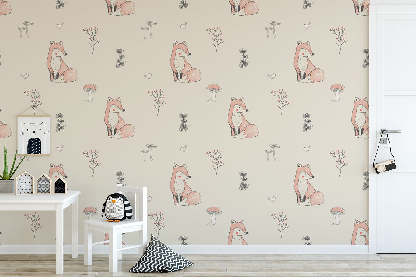 Cute Fox Self-Adhesive Wallpaper for Kids | Woodland Animal Nursery | Kids Room Fox Wall Decor | Children's Woodland Wall Pattern