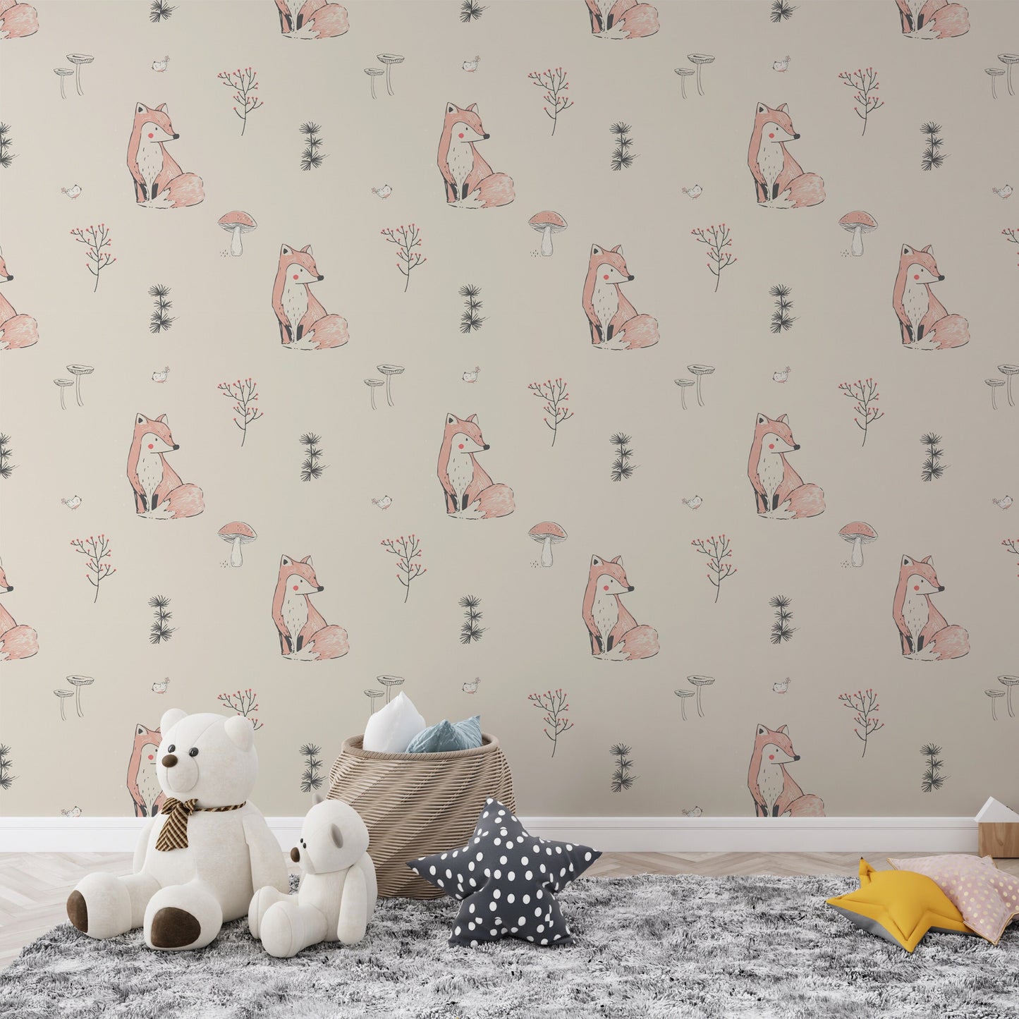 Cute Fox Self-Adhesive Wallpaper for Kids | Woodland Animal Nursery | Kids Room Fox Wall Decor | Children's Woodland Wall Pattern