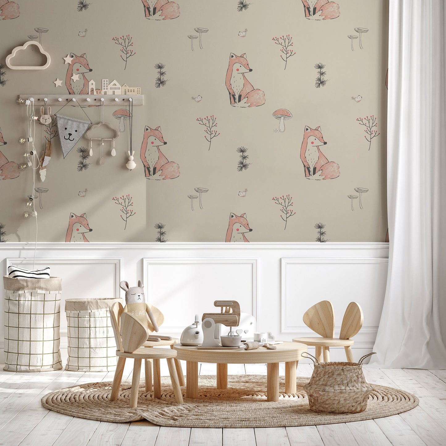 Cute Fox Self-Adhesive Wallpaper for Kids | Woodland Animal Nursery | Kids Room Fox Wall Decor | Children's Woodland Wall Pattern