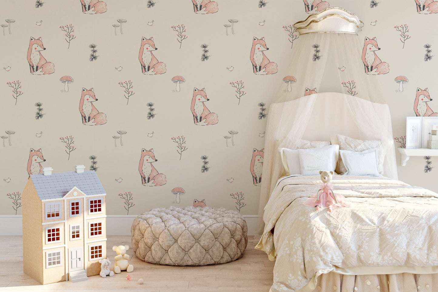 Cute Fox Self-Adhesive Wallpaper for Kids | Woodland Animal Nursery | Kids Room Fox Wall Decor | Children's Woodland Wall Pattern