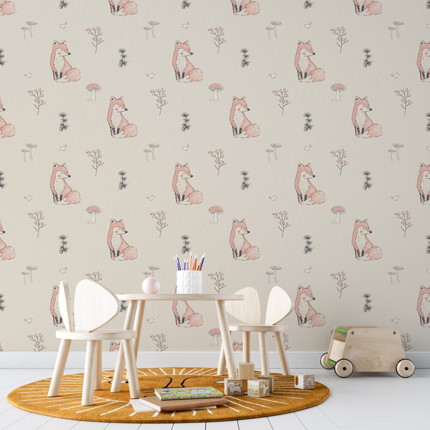 Cute Fox Self-Adhesive Wallpaper for Kids | Woodland Animal Nursery | Kids Room Fox Wall Decor | Children's Woodland Wall Pattern