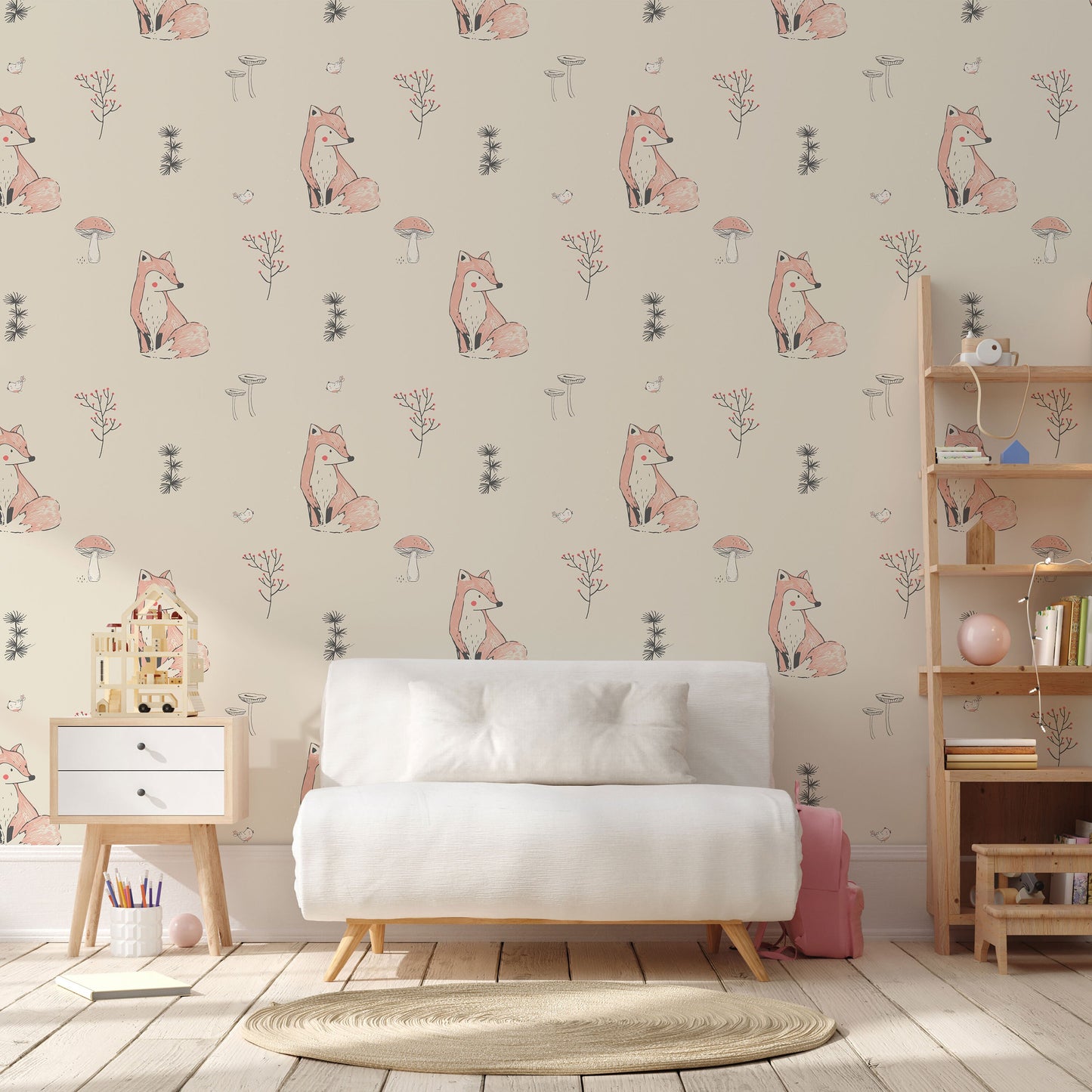 Cute Fox Self-Adhesive Wallpaper for Kids | Woodland Animal Nursery | Kids Room Fox Wall Decor | Children's Woodland Wall Pattern