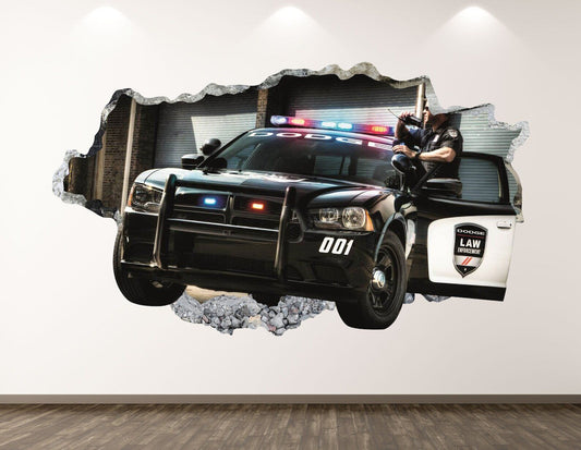 Police Car Wall Decal - Sport 3D Smashed Wall Art Sticker Kids Decor Vinyl