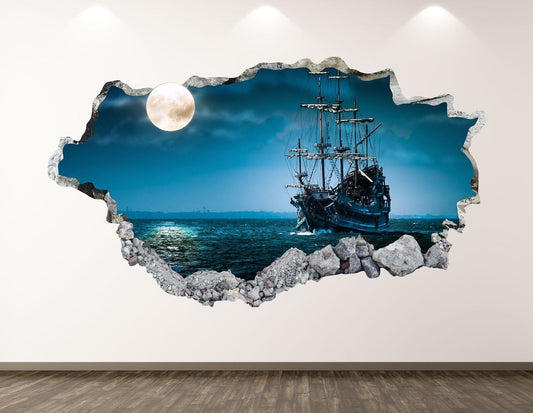 Pirate Ship Wall Decal - Ocean Boat 3D Smashed Wall Art Sticker Kids Room Decor