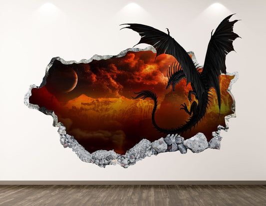 Dragon Wall Decal - Space Fire Fantasy 3D Smashed Wall Art Sticker Kids Decor