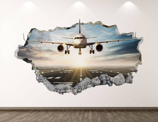 Jumbo Airplane Wall Decal - Landing 3D Smashed Wall Art Sticker Kids Room Decor