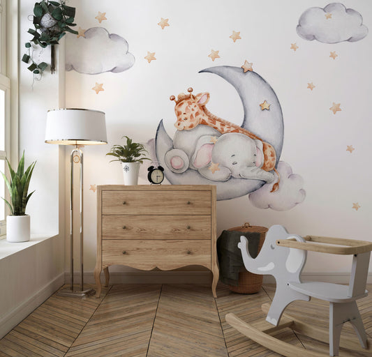 Elephant and Giraffe on the Moon Wall Decal Children's Room Wall Sticker