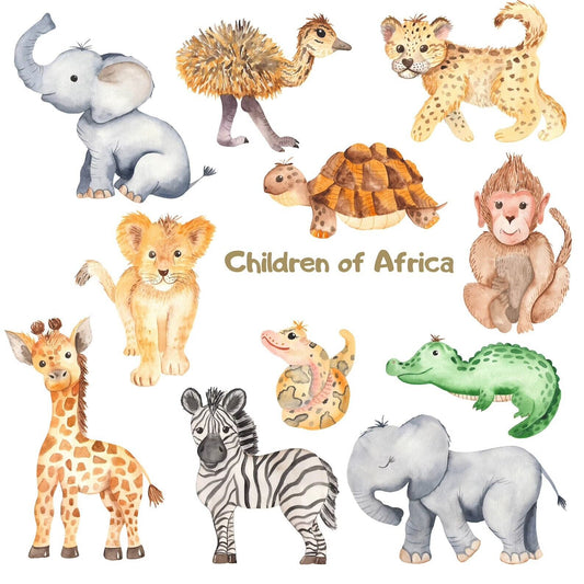 Children of africa A4 wall stickers, Lion, Elephant, Giraffe, Cheetah, Croc